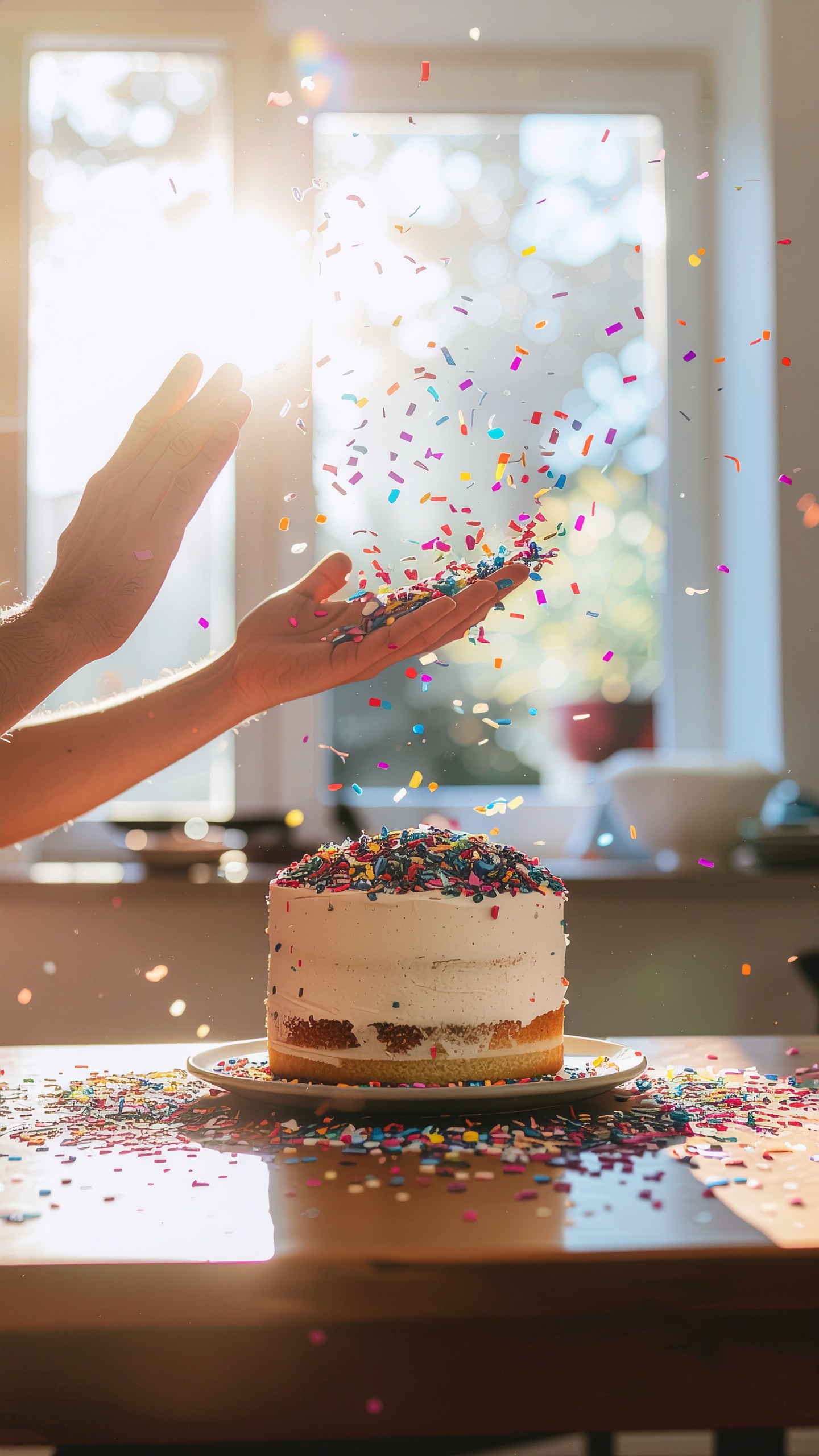 Colorful Sprinkles Being Tossed on a White Frosted Cake